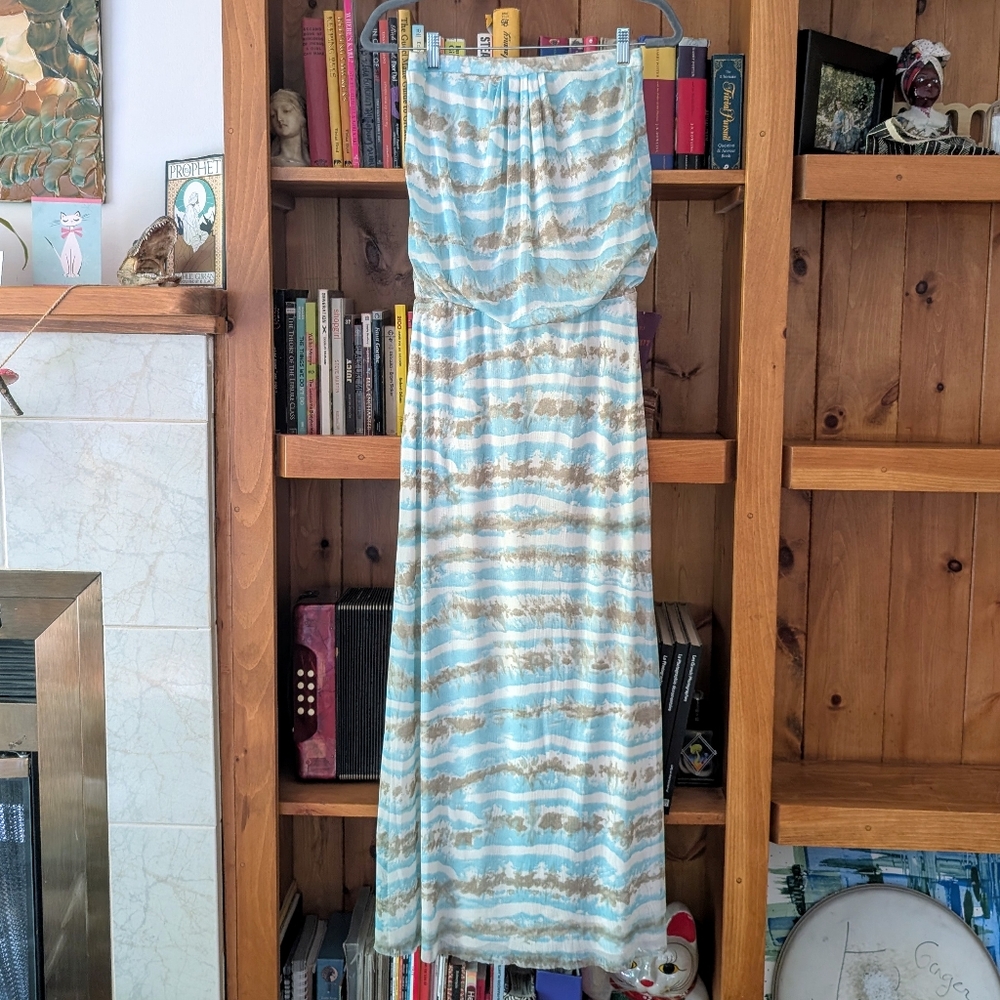 NWOT Cynthia Rowley sky blue, white and tan semi-sheer lined maxi dress